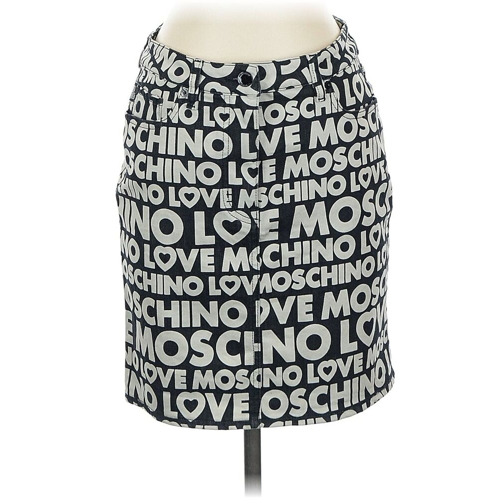 Love Moschino All Over Print Denim Skirt Women's US 4 Black & White Logo Graphic